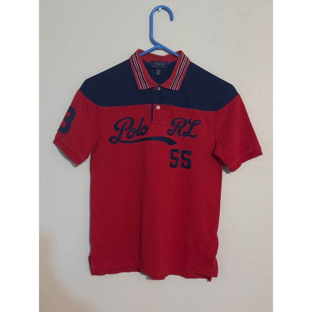 Polo Ralph Lauren Kids Red Navy Colorblock Polo RL 55 Script Shirt Size M 10-12